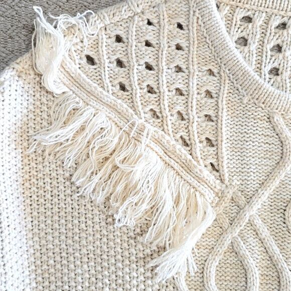 Boston Proper Oatmeal Cream Cable Knit Fringe Sweater - Size Large - Picture 5 of 14